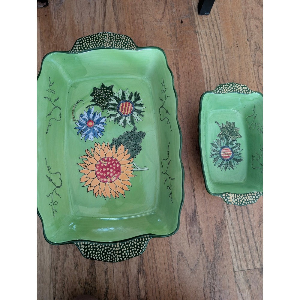 Blue Jean Chef Sunflower Ceramic Baker Set 2pc Green Floral Lasagna Casserole
